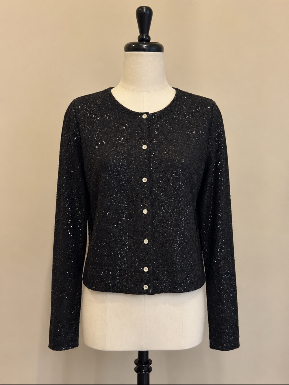 Dkny Black Sequin Crewneck Cardigan